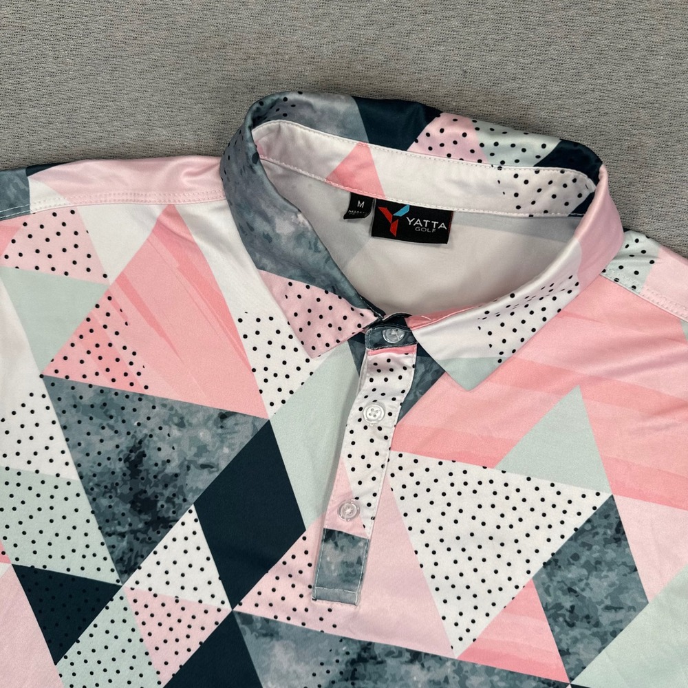 Yatta Golf Polo Shirt Mens M Pink Teal Geometric Triangle‎ Performance Stretch